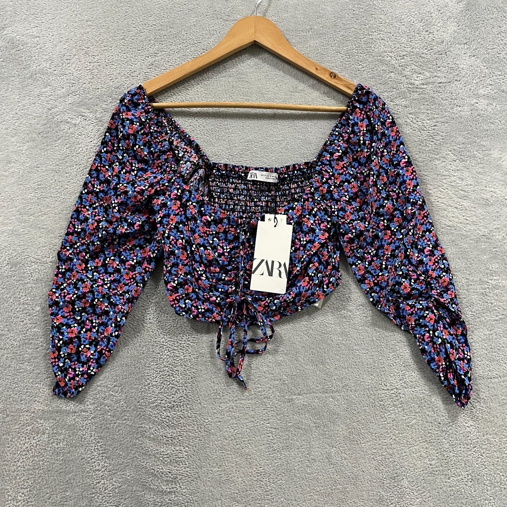 Zara Crop Top Womens Small Multi Stretch Floral String Pull Front Smocked Back